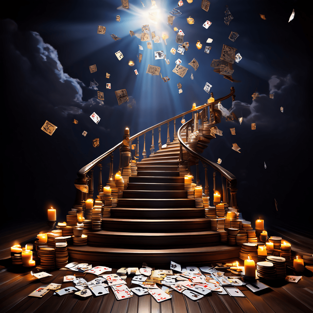 카드와 주사위 더미에서 시작해 밝게 열린 문까지 이어지는 계단이 각 계단마다 회복 단계가 적힌 모습이다.