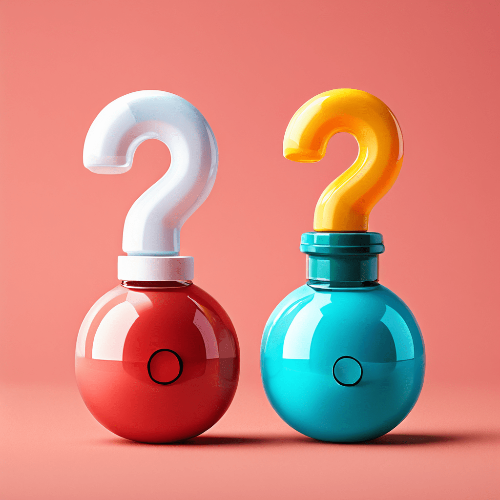 두 개의 다른 색상과 모양의 알약이 나란히 놓여 있고, 그 사이에 물음표가 떠 있어 함께 복용할 경우를 고려하는 모습이다.