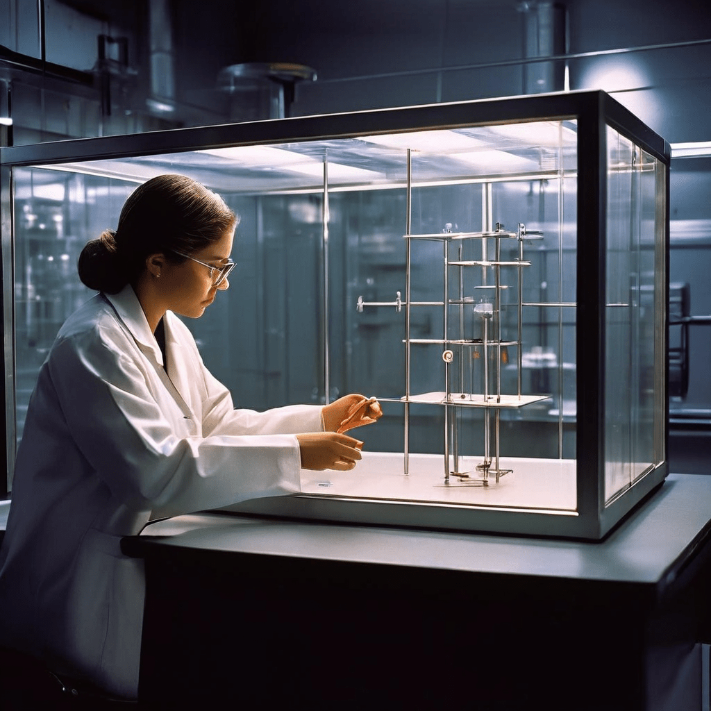 흰색 실험실에 놓인 관찰 상자와 일방향 거울 너머로 피실험자를 지켜보는 과학자의 모습이다.