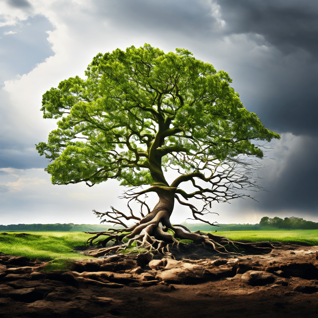 거센 폭풍 속에서 휘어지지만 뿌리 깊게 버티는 튼튼한 나무, 그 줄기에서 새롭게 자라나는 연두색 새싹의 모습이다.