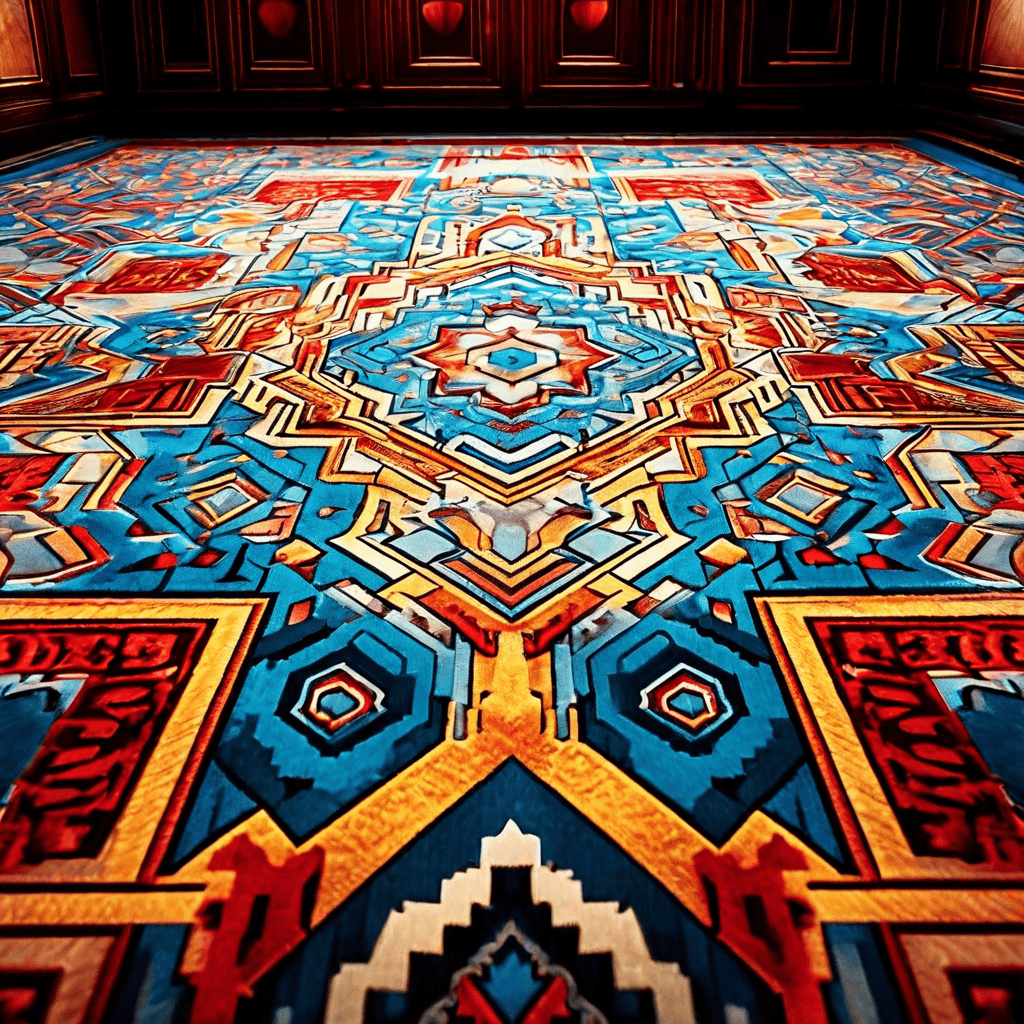 무늬가 복잡한 카펫의 근접 촬영으로, 패턴이 시각적 착시를 일으켜 방의 벽과 공간 경계를 흐릿하게 왜곡하는 모습이다.