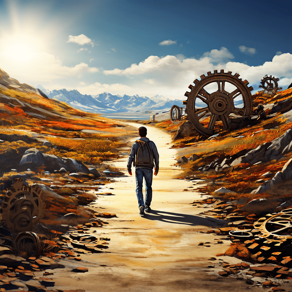 계획이라고 적힌 페이지 위에서 사람이 행동이라는 길로 발을 내딛는 모습이며 배경에는 기어가 돌아가고 앞에는 맑은 길이 펼쳐져 있습니다.