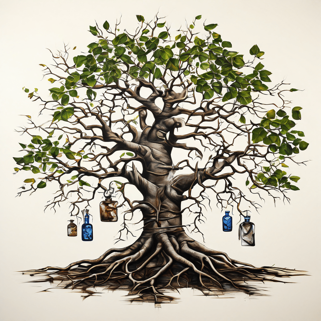 갈라진 가지를 가진 가계도에서 한쪽 가지가 흘리는 검은 액체가 나무줄기를 타고 흘러 뿌리를 물들이며 다른 가지들을 시들게 하는 모습이다.