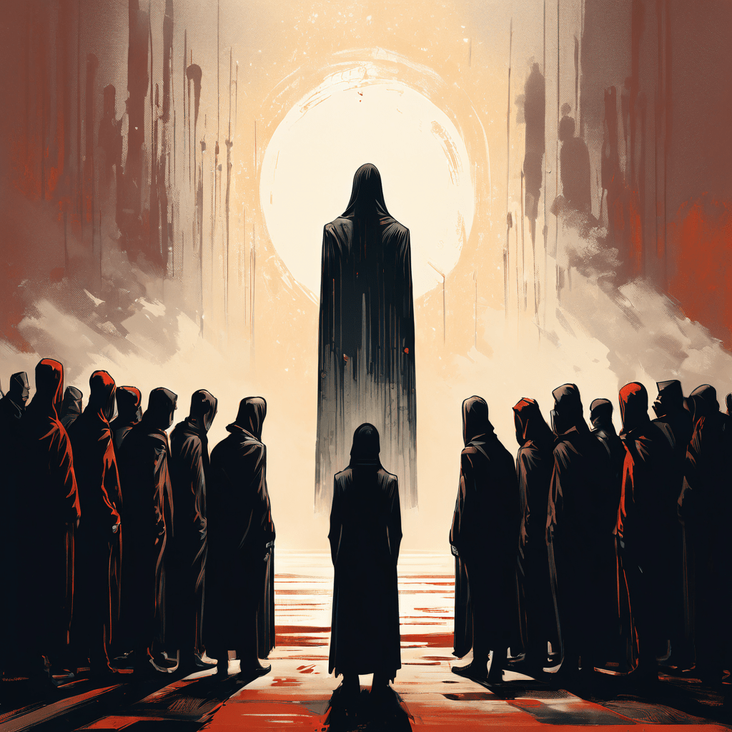 권위의 상징 앞에 무수히 많은 사람들이 무릎을 꿇고 절하는 가운데, 단 한 사람이 망설이며 시선을 돌리는 모습을 표현한 이미지입니다.