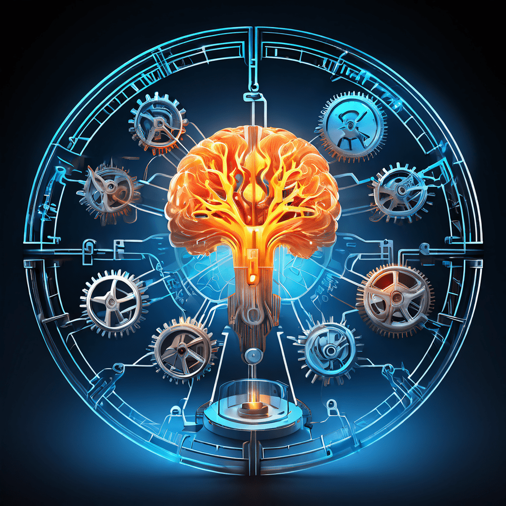 여섯 가지 심리적 요인이 표시된 맞물린 톱니바퀴가 투명한 감옥에서 빛나는 뇌를 해방시키는 개념도를 보여주는 이미지로, 정신 건강과 심리적 자유를 위한 다각적 접근의 중요성을 상징합니다.