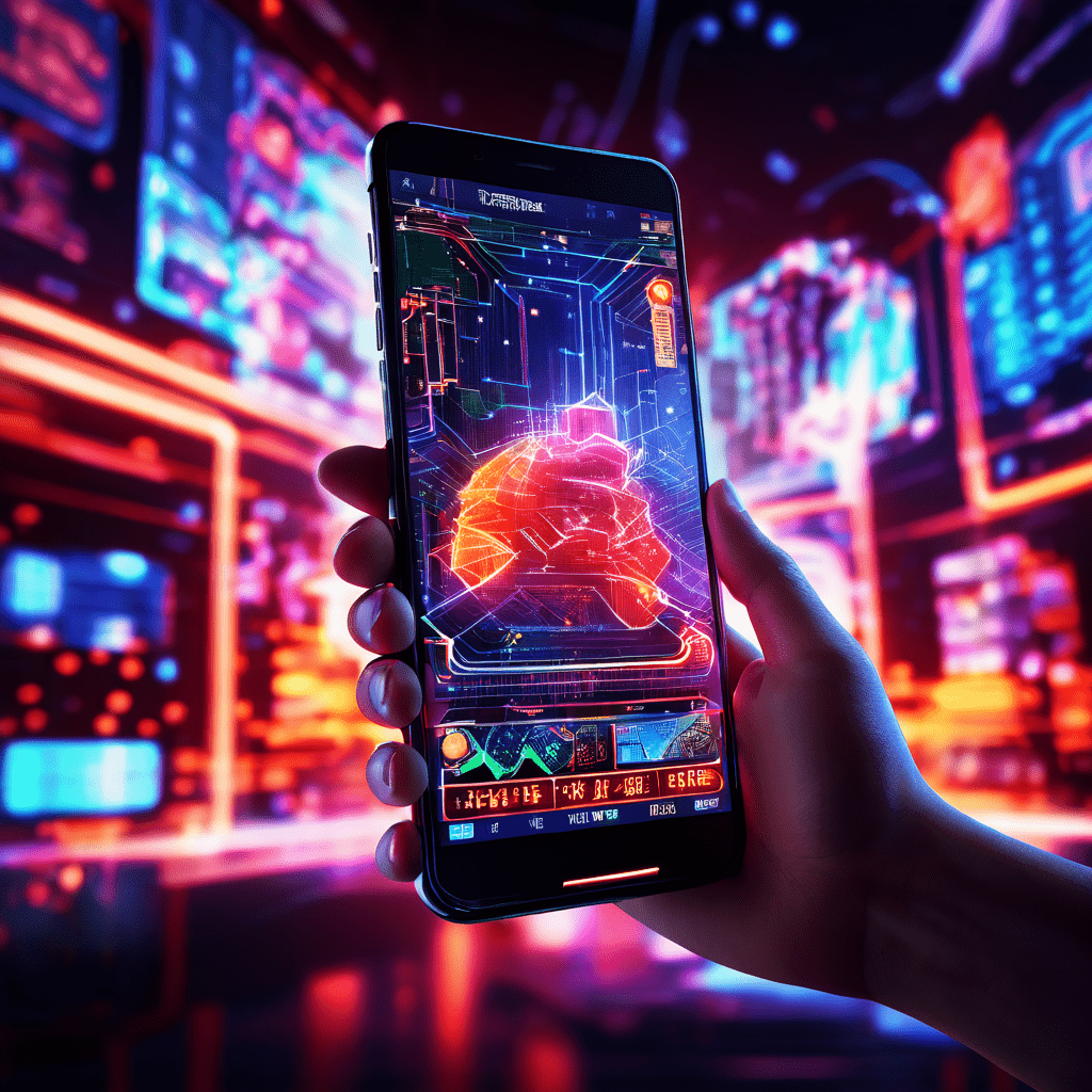 디지털 네이티브가 스마트폰 화면에서 카지노와 유사한 네온 인터페이스를 조작하며, 주변에는 추상적인 데이터 스트림과 유혹적인 온라인 환경이 펼쳐지는 모습을 담은 이미지입니다.