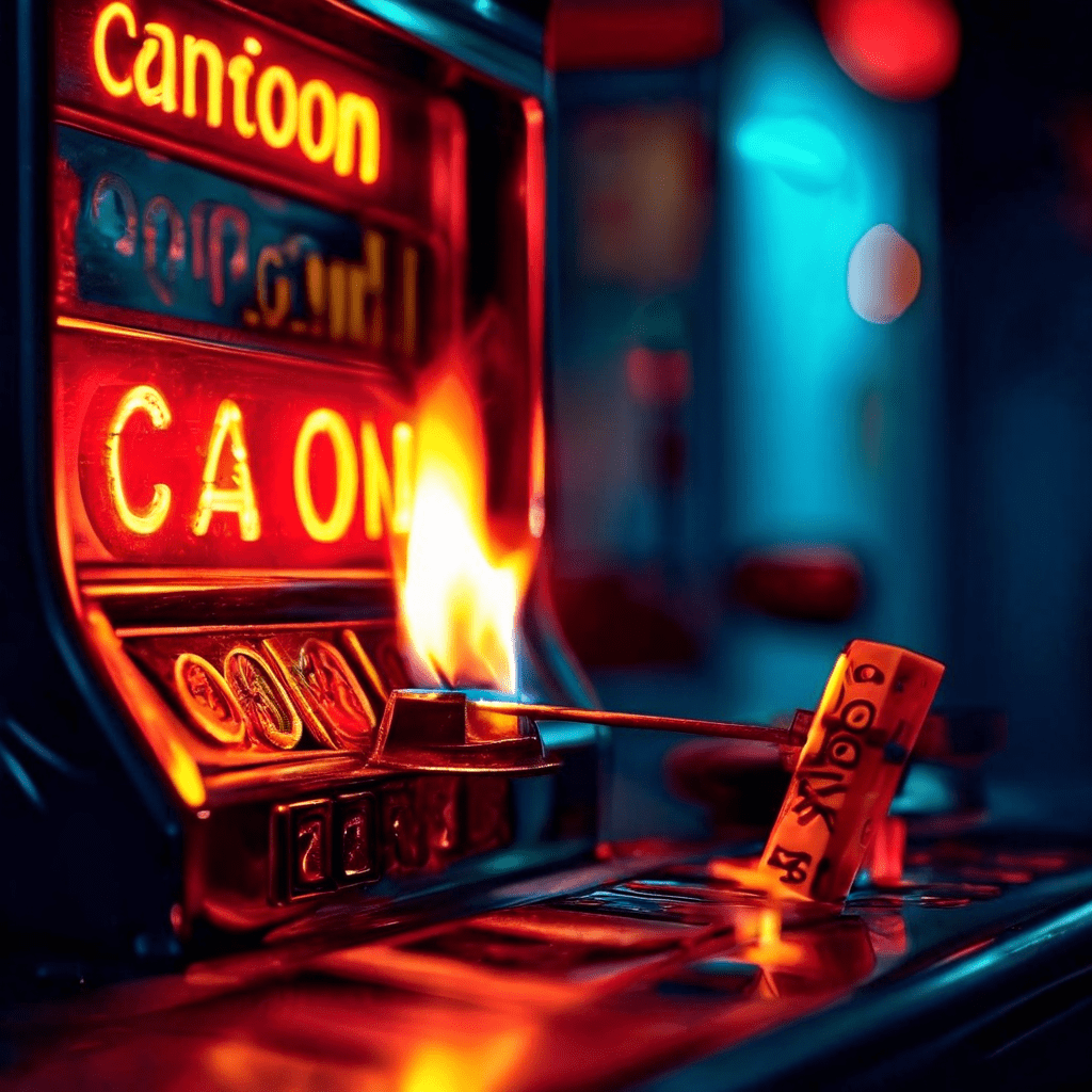 도박 중독의 위험성을 상징적으로 표현한 이미지로, 화려한 불꽃을 일으키는 성냥과 슬롯머신 레버가 경계 없이 이어지며 중앙에는 경고 표지가 배치되어 있습니다.