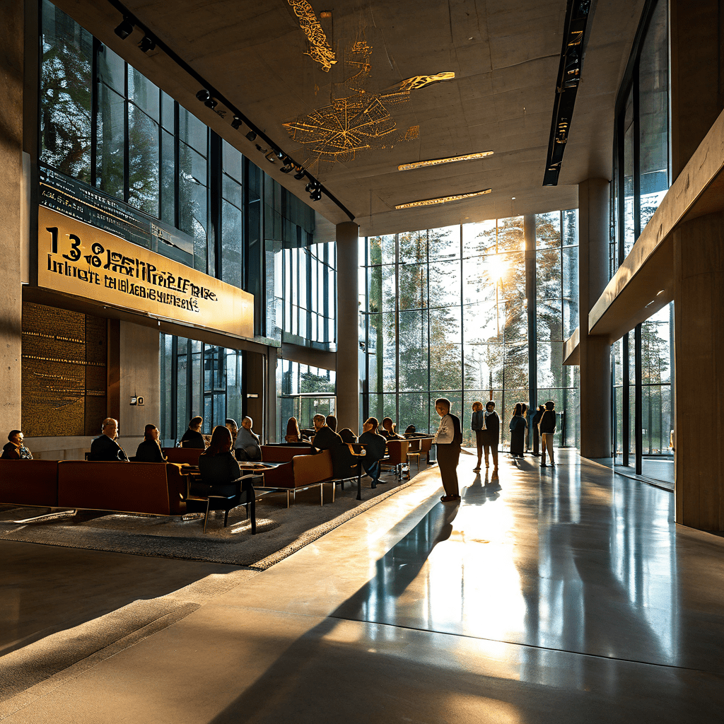 현대적인 대형 건물에 1336 센터 명판이 있고, 투명한 빛 아래 사람들이 윤리적으로 협업하는 모습이다.