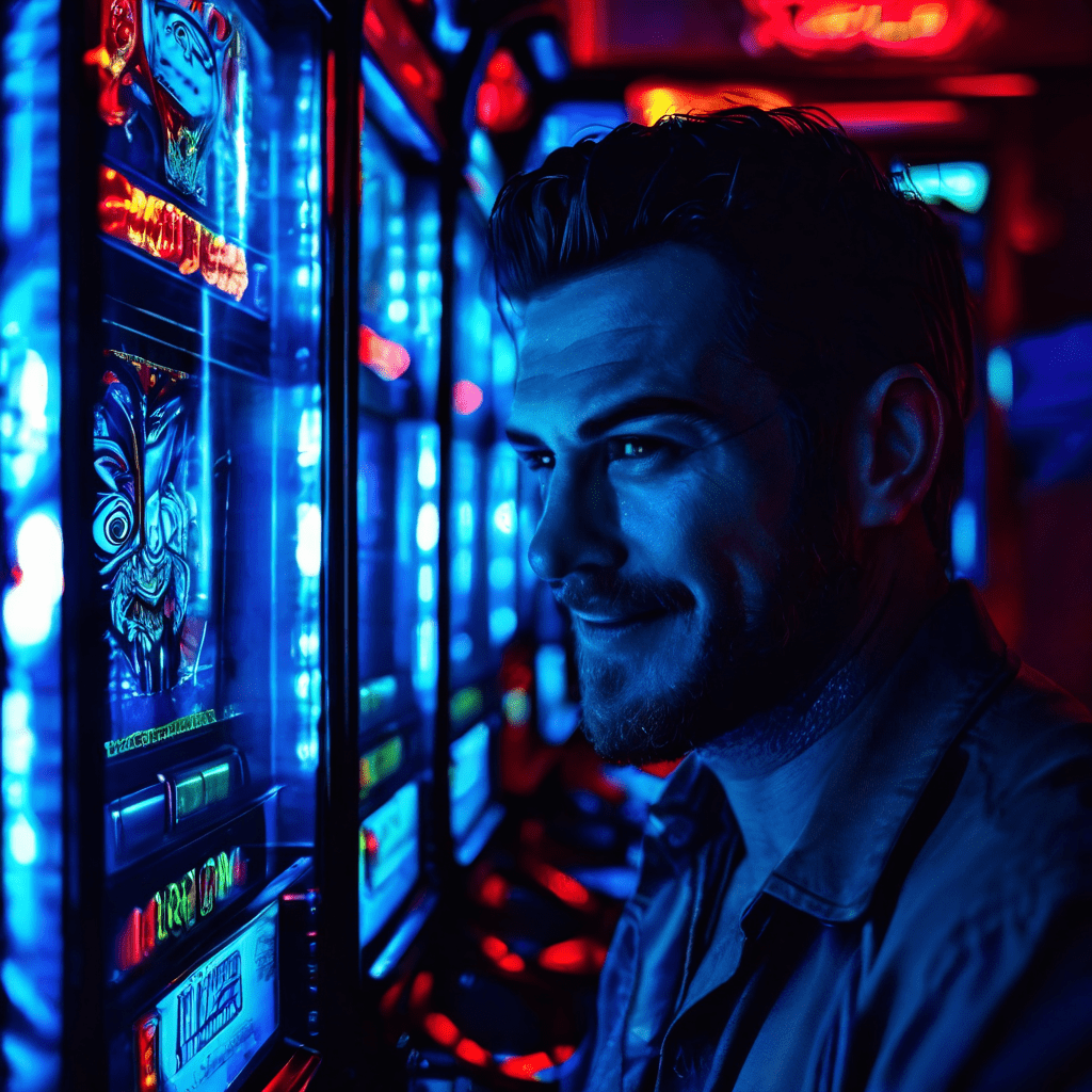 한 남성이 슬롯머신을 응시하며 그림자에 가려진 얼굴 반쪽과 유리창에 비친 악마처럼 웃는 자신의 모습을 동시에 보여주는 심리적 갈등의 이미지입니다.