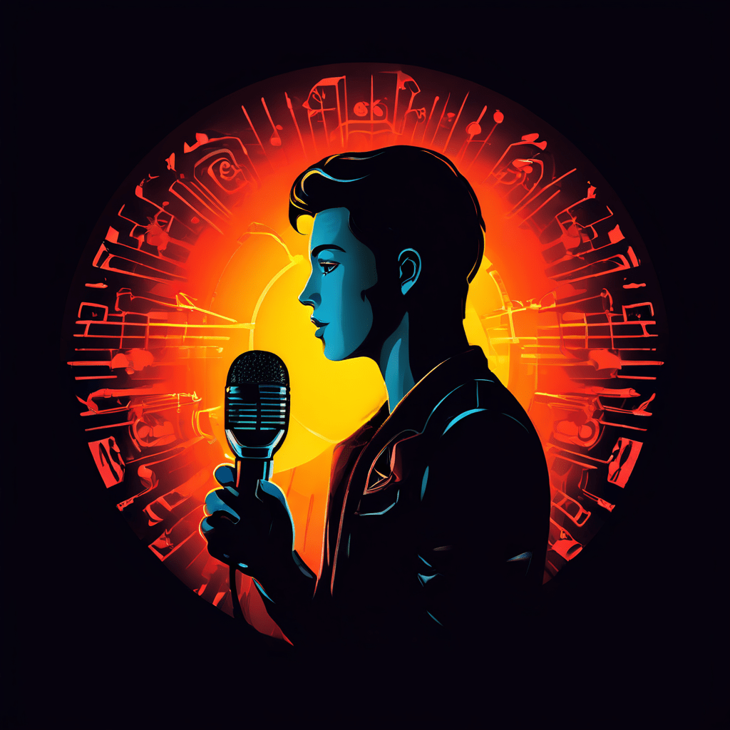 어둠 속의 인물이 빛나는 마이크에 말을 걸고 그 옆에는 안전을 상징하는 자물쇠 아이콘이 떠 있는 모습입니다.