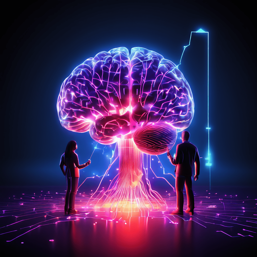 디지털 그래프의 이상 징후 급등과 연결된 인간 두뇌가 빛나는 갈고리로 생각을 끌어당기는 모습을 표현한 인공지능 이상 탐지 개념 이미지입니다.