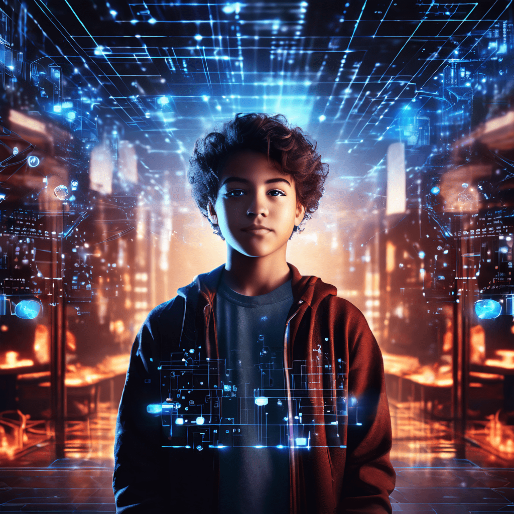 디지털 환경에 태어난 세대를 상징적으로 표현한 이미지로, 젊은이가 빛나는 데이터 스트림과 홀로그램 인터페이스에 둘러싸여 첨단 기술과 완전히 연결된 모습을 보여줍니다.