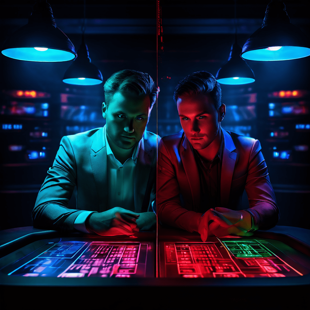 도박 테이블을 사이에 두고 직관적이고 빠른 의사결정의 빛나는 한쪽과 체계적이고 느린 데이터 분석의 빛나는 다른 한쪽이 대비되는 모습을 상징적으로 표현한 이미지입니다.