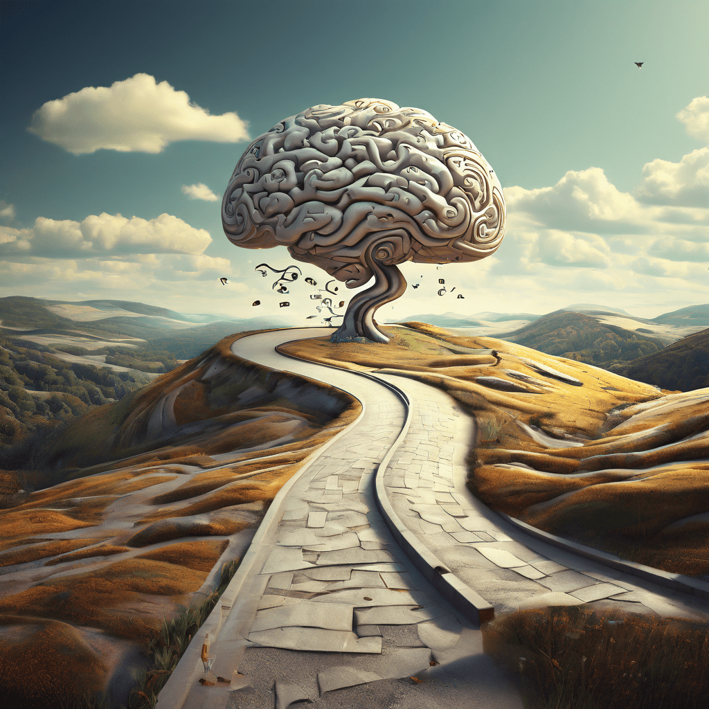 뇌가 긴 직선 도로보다 구불구불한 지름길을 선택하는 모습을, 넘쳐나는 정신적 동전 지갑으로 표현한 인지 편향과 의사 결정 과정에 대한 개념도 이미지입니다.