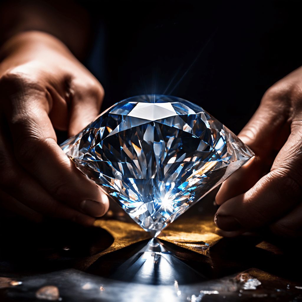 빛나는 다이아몬드가 세공사의 손길 아래 날카로운 각지로 연마되는 모습이다.