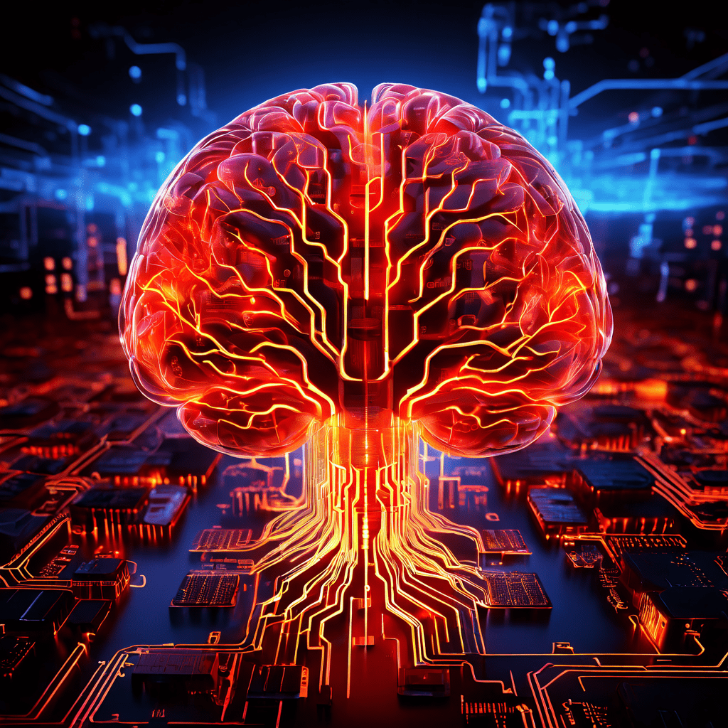 디지털 보안 위협을 상징하는 회로판 풍경 속에서 신경망 경로가 방화벽과 추락하는 데이터 블록 같은 위험 표시로 뻗어나가는 빛나는 디지털 두뇌 지도를 묘사한 이미지입니다.