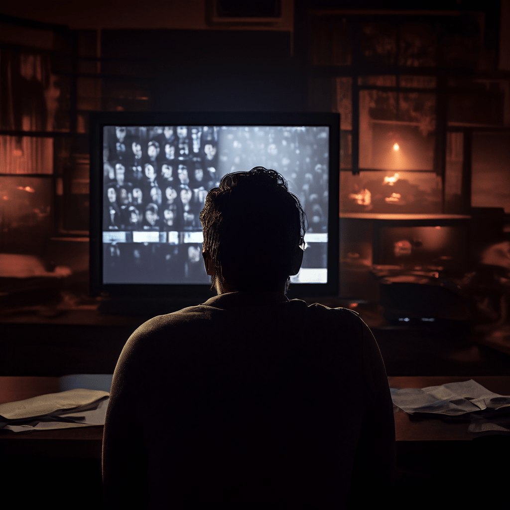 화면에 비친 충격적인 뉴스를 보며 고통에 찬 표정을 짓고 있는 사람의 모습이다.