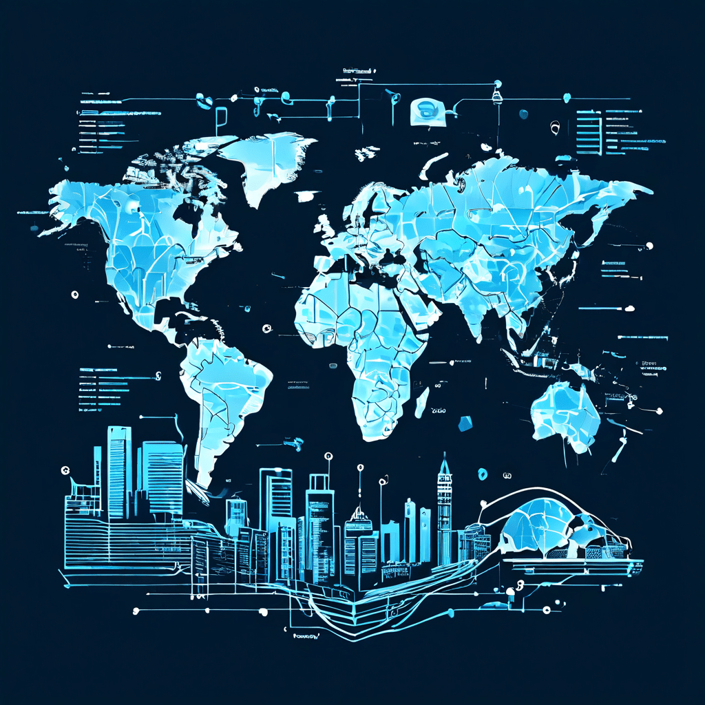 글로벌 물류 시스템에서 세계 지도에 표시된 검증 표시, 법률 문서, 안전한 데이터 흐름이 국제적 규제 준수를 상징적으로 보여주는 개념도입니다.