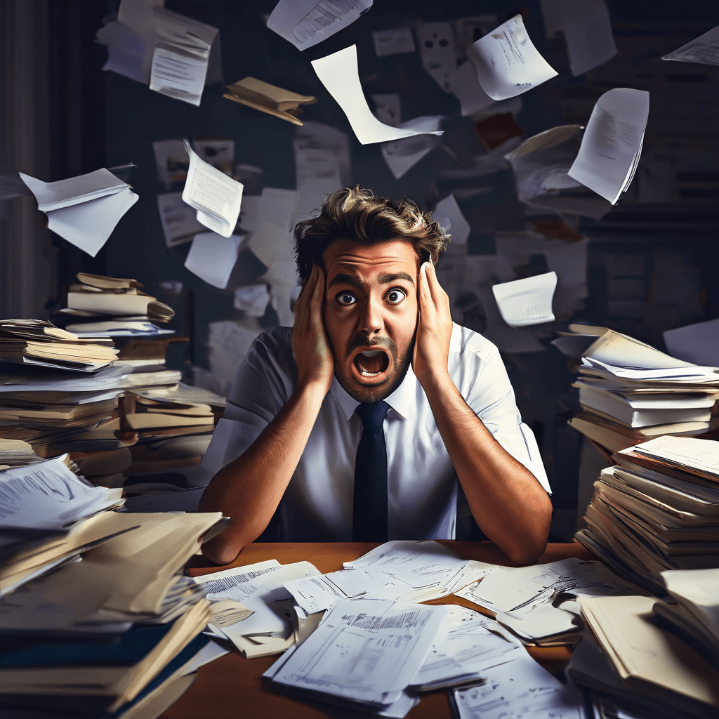 업무 스트레스와 압박감에 지친 직장인이 복잡한 업무 매뉴얼로 어지러진 책상 앞에서 동료에게 불만과 좌절감을 표출하는 직장 내 갈등 상황을 묘사한 이미지입니다.