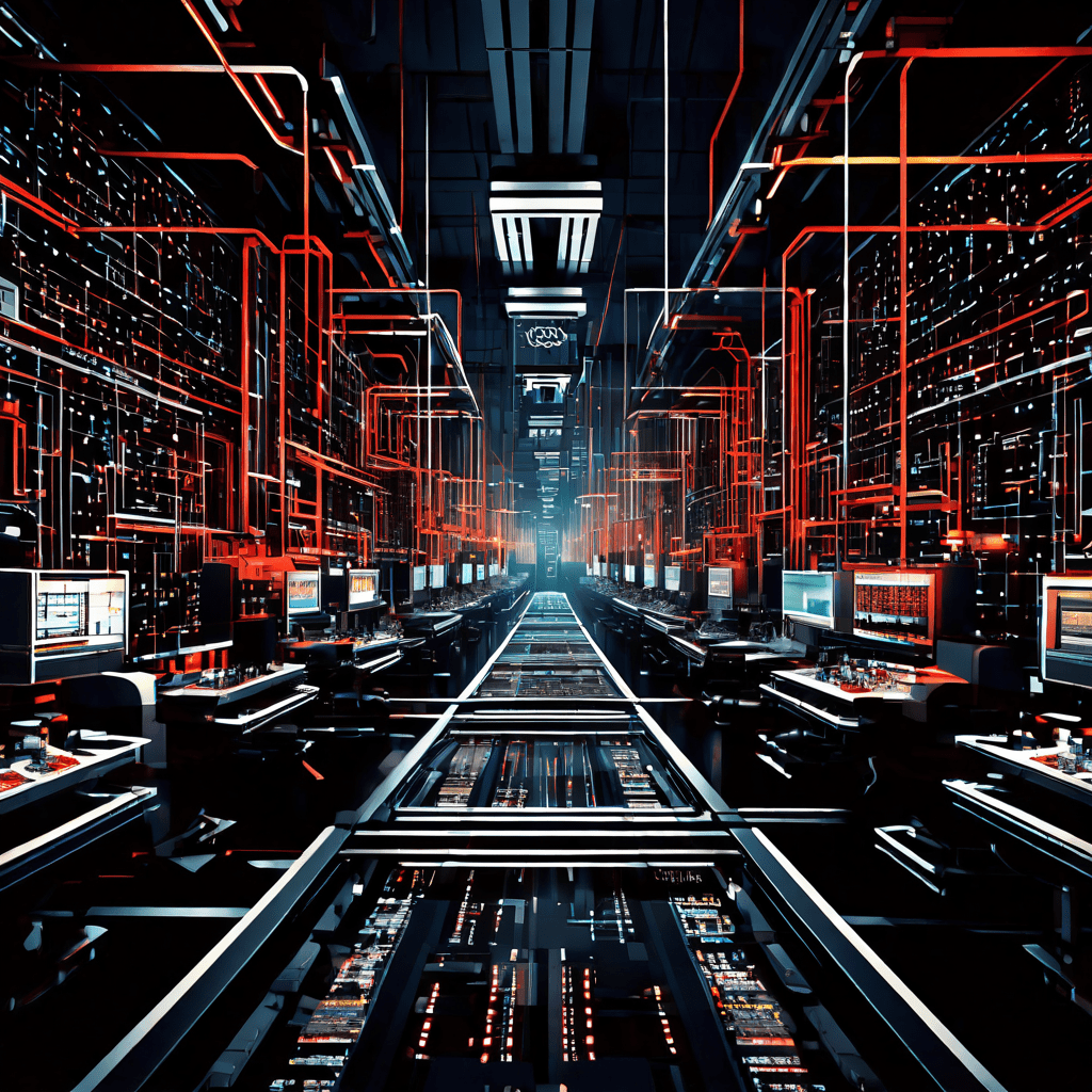 자동화된 조립 라인이 템플릿 블록과 데이터 스트림을 결합하여 끊임없이 디지털 콘텐츠를 생성하는 AI 기반 콘텐츠 제작 시스템의 작동 방식을 보여줍니다.