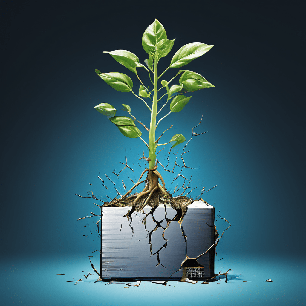 거대한 강철 손이 깨진 컴퓨터 화면을 배경으로 연약하게 자라나는 새싹을 파괴하는 모습으로, 기술의 압박 속 자연 생명력의 취약함과 디지털 시대의 생태적 위기를 상징적으로 표현한 이미지입니다.