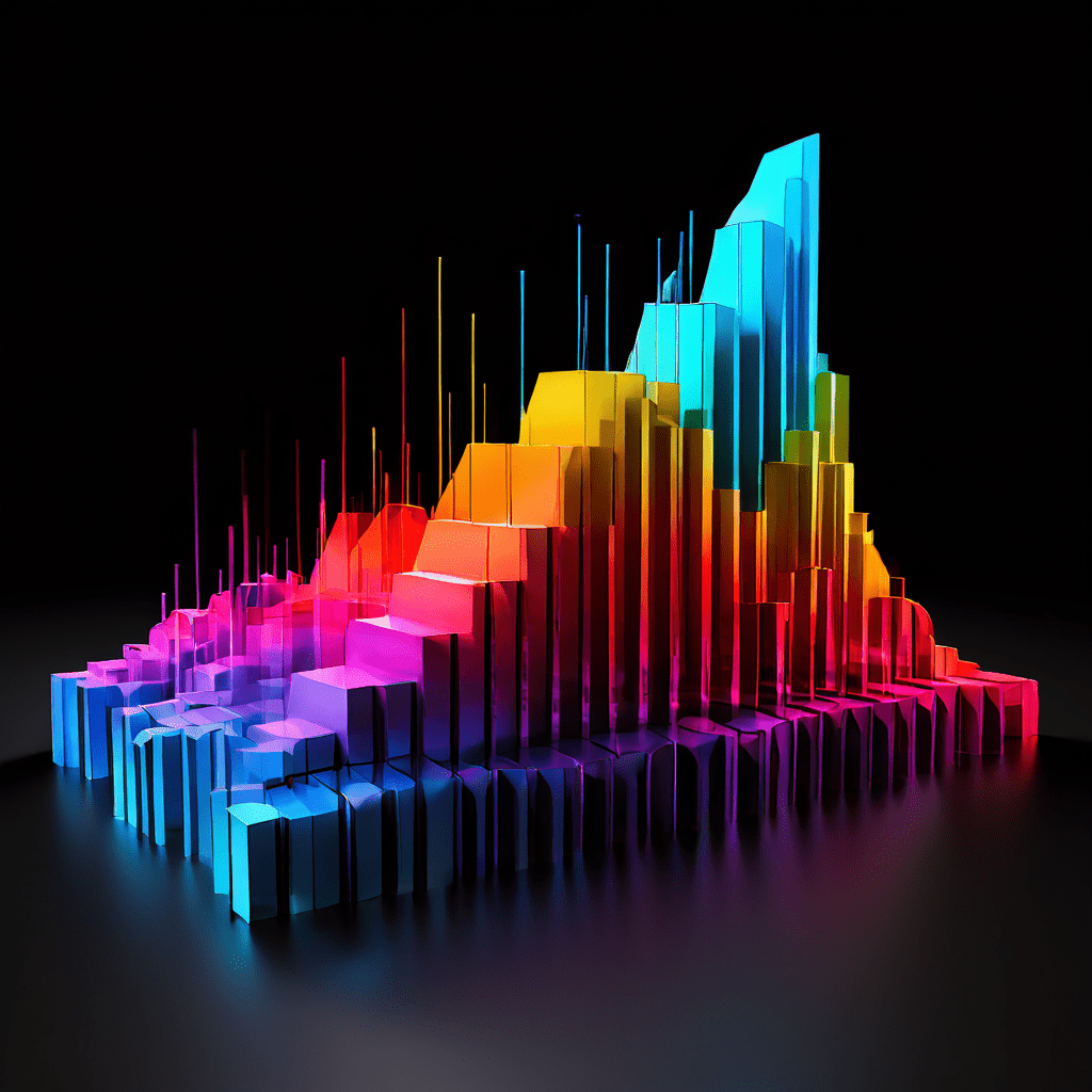 투자 포트폴리오의 다양한 위험 수준을 시각화한 3D 그래프로, 각기 다른 높이의 장벽으로 구분된 색상별 위험 프로필의 봉우리를 나타냅니다.