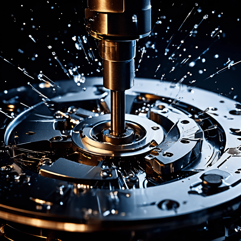 데이터 완전 삭제와 물리적 파괴의 중요성을 강조하는, 정밀한 기계식 드릴로 하드 디스크 플래터가 산산조각 나는 순간을 확대 촬영한 이미지입니다.