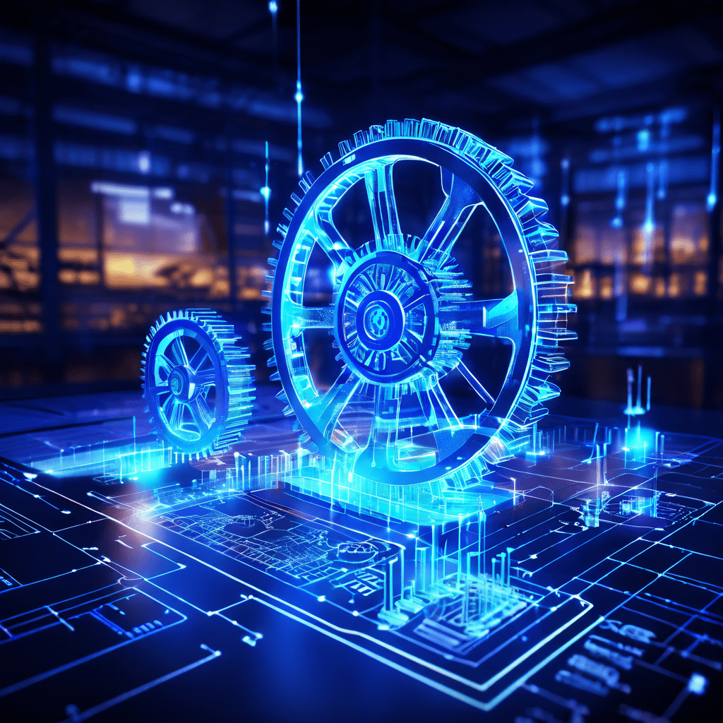 디지털 청사진이 개인화된 제품으로 변환되는 과정을 배경의 기어와 데이터 스트림이 상징하는 맞춤형 제조 및 데이터 기반 설계 개념을 시각적으로 표현한 이미지입니다.