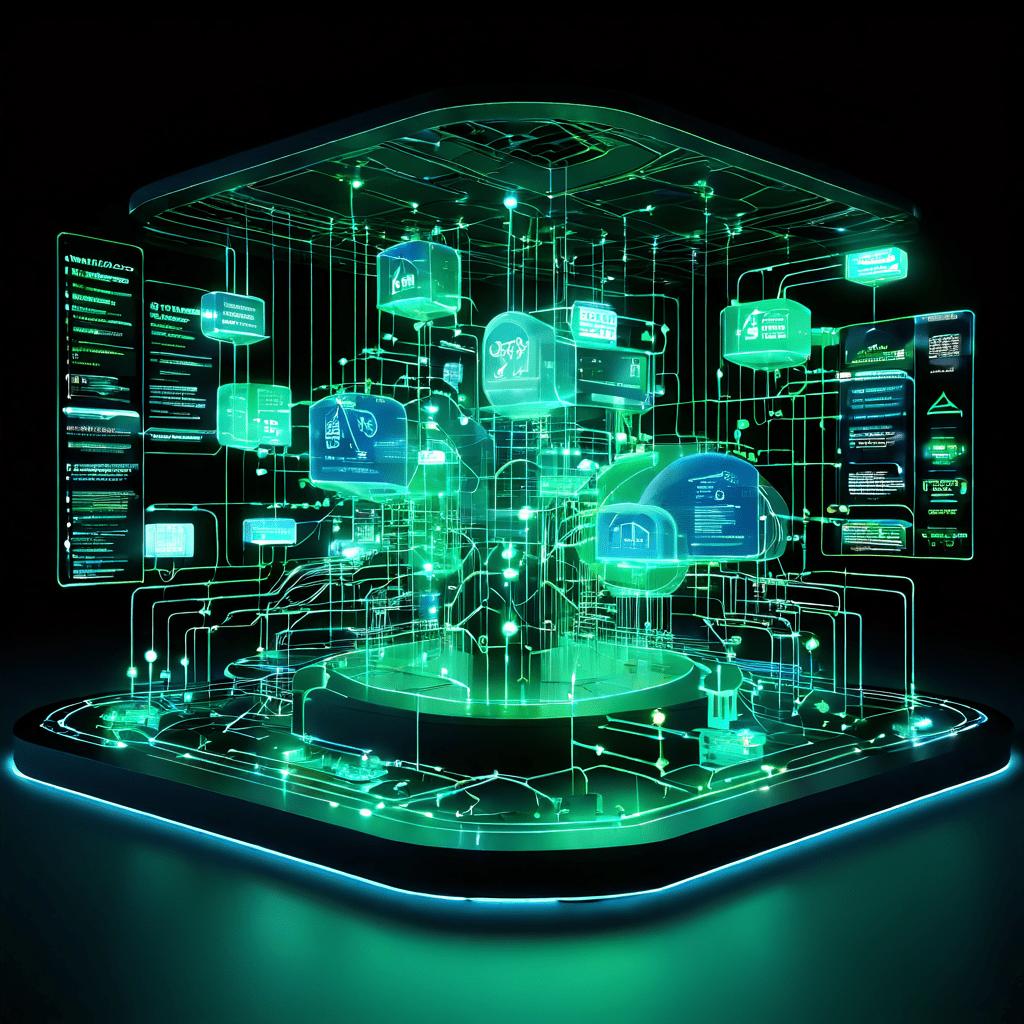 안정적인 시스템 운영 상태를 시각화한 복잡하게 연결된 네트워크 모듈과 중앙 모니터링 대시보드에서 녹색 데이터 흐름과 정상 건강 지표가 표시된 이미지입니다.