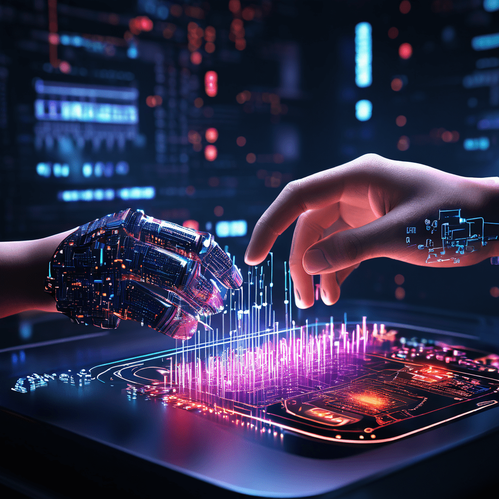 미래형 AI 베팅 봇이 복잡한 알고리즘 회로의 일부가 손상된 상태에서 데이터를 분석하고 있으며, 인간의 손이 빛나는 모듈을 맞춤 조정하여 장착하는 모습을 담은 이미지입니다.