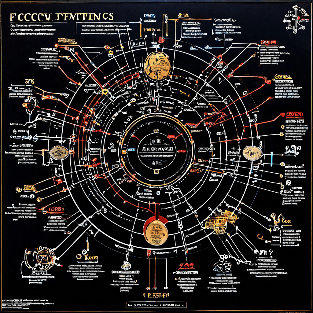 경제 지표, 정책, 수식이 상호 연결되어 중앙의 퍼센트를 나타내는 다이얼에 영향을 미치는 복잡한 경제 모델 흐름도를 보여주는 이미지입니다.