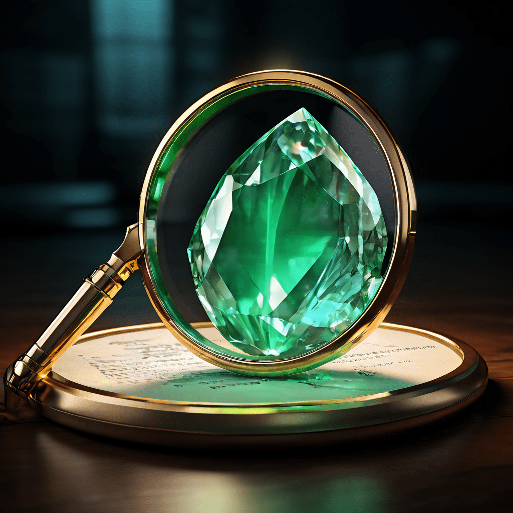 확대경으로 세밀하게 관찰되는 완벽하게 빛나는 3D 보석과 확인 사항이 체크된 리스트가 품질 검증의 정밀함과 신뢰성을 상징적으로 보여주는 이미지입니다.