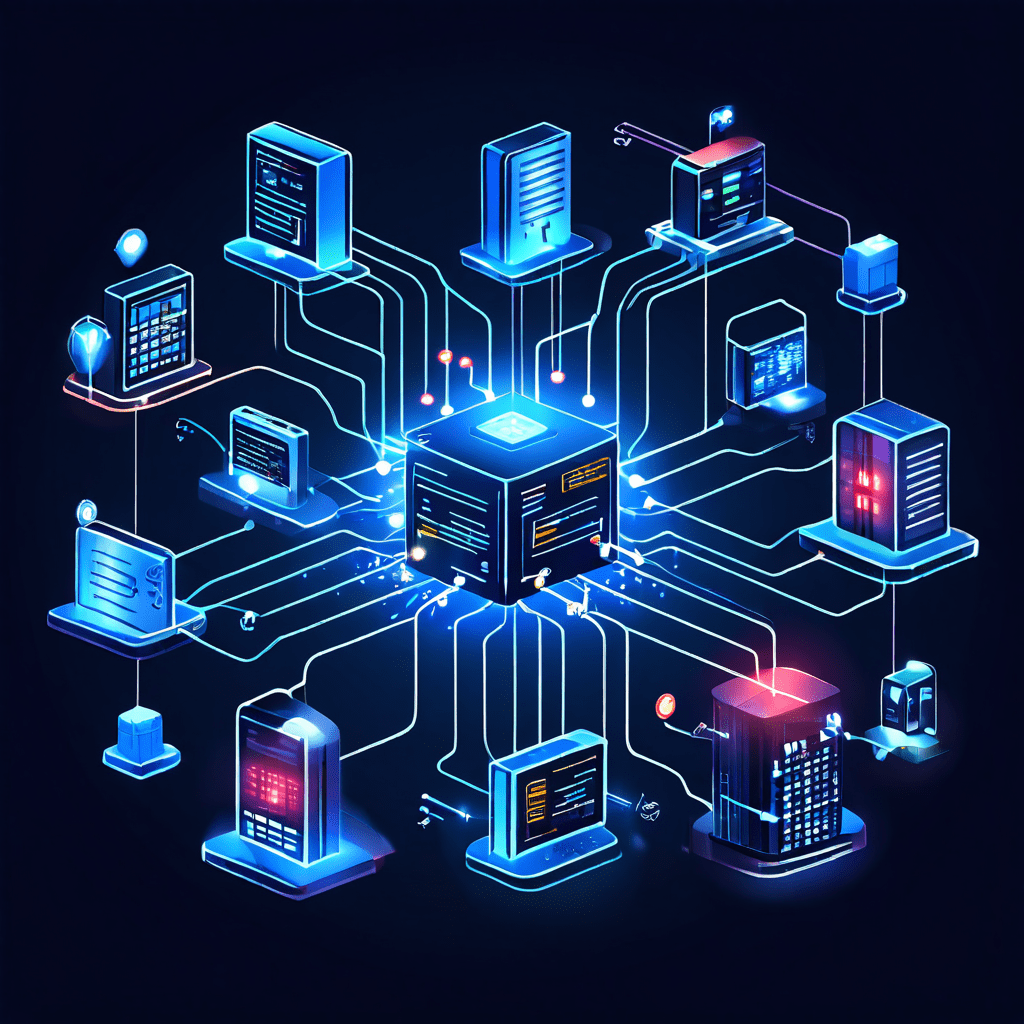 여러 디바이스가 중앙 서버 허브로 데이터를 동기화하는 과정을 연결선과 상태 아이콘으로 시각화한 네트워크 동기화 개념도입니다.