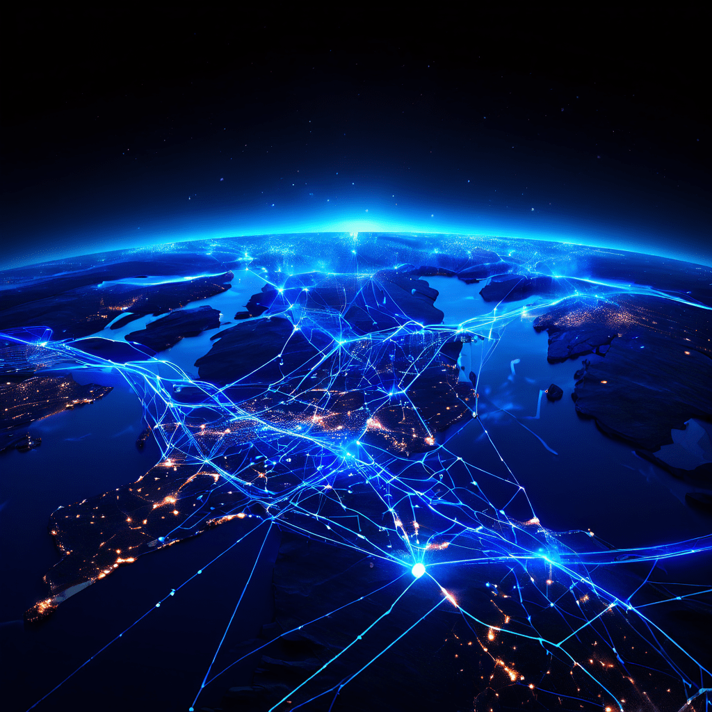 지리적 장벽 없이 빠르고 안정적인 디지털 콘텐츠 전송을 보장하며 대륙들을 연결하는 빛나는 데이터 고속도로의 글로벌 네트워크를 상징적으로 표현한 개념도입니다.
