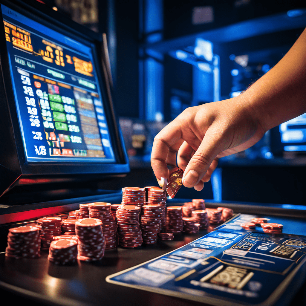 베팅 테이블 위의 칩 더미를 손이 회수하는 순간, 근처 디지털 카운터의 점수가 100점에서 70점으로 감소하는 카지노 게임의 손실 장면을 묘사한 이미지입니다.