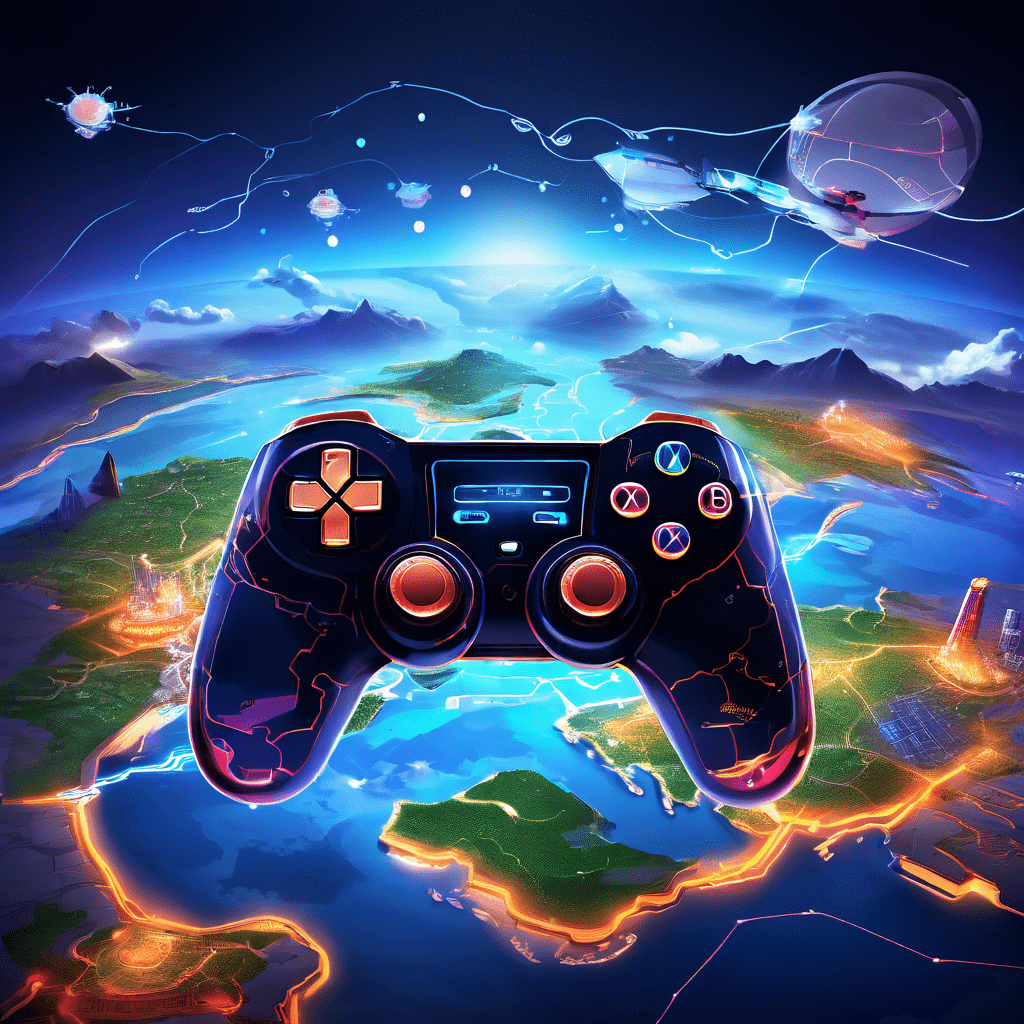 세계 지도 위에 떠 있는 빛나는 게임 컨트롤러와 전략적 경로를 따라 비행기처럼 이동하는 예정된 이메일 아이콘을 통해 게임화된 이메일 마케팅 전략을 시각적으로 표현한 이미지입니다.