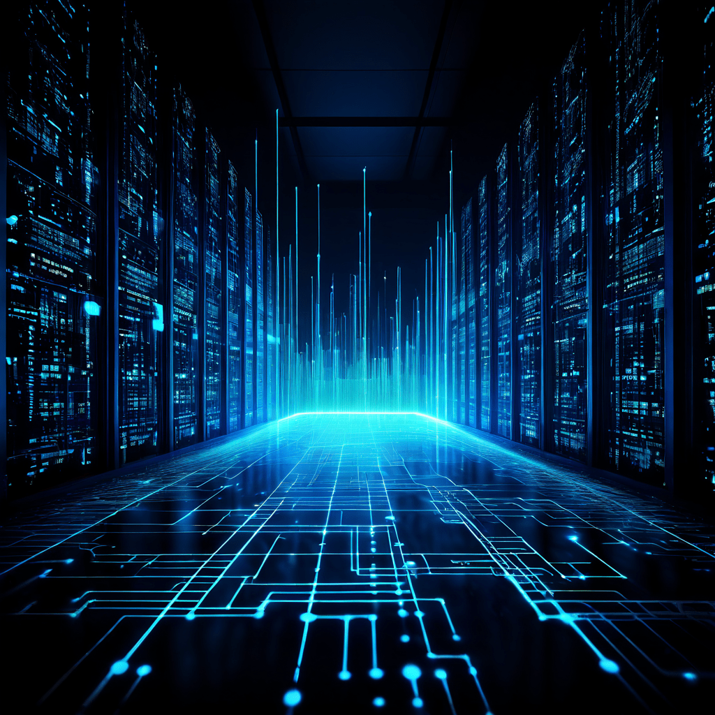 투명한 서버 코어를 관통하며 흐르는 이진 코드의 빛나는 디지털 강이 실시간 그래프와 네트워크 노드를 형성하며 데이터 흐름과 시스템 연결성을 시각화합니다.