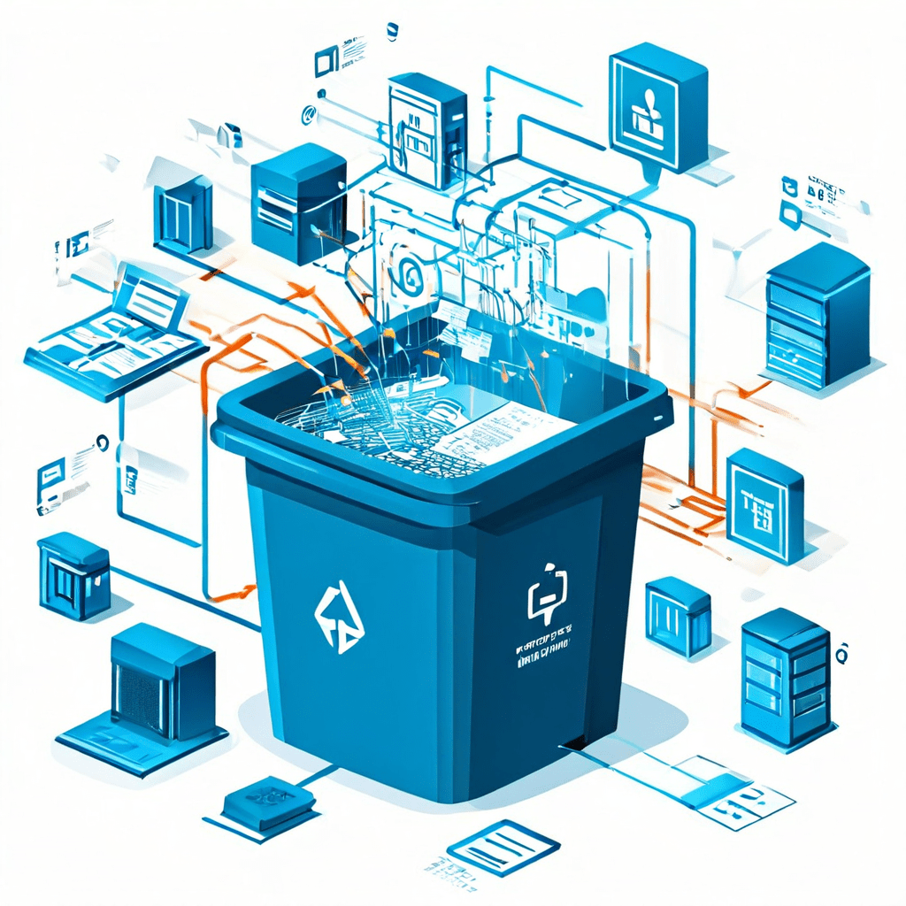 컴퓨터에서 시작된 데이터가 분류, 보안, 재활용 아이콘을 거쳐 디지털 휴지통으로 이동하는 과정을 명확한 화살표로 연결하여 체계적으로 보여주는 데이터 관리 프로세스 흐름도입니다.