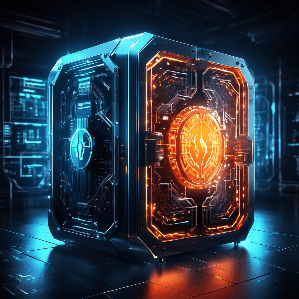 금융 거래를 보호하는 사이버 보안의 핵심을 상징하는 디지털 금고가 겹겹의 방화벽과 통화 기호로 단단히 보호받으며 빛나는 연결 네트워크를 유지하고 있습니다.