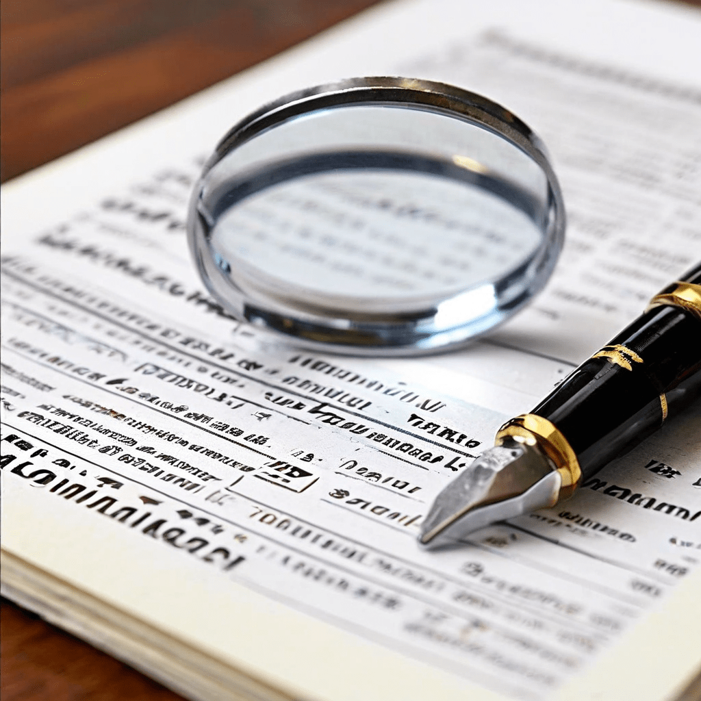 투명성 문서 위에 놓인 유리 자와 체크리스트를 확대경으로 상세히 살펴보며 명확한 기준을 확인하는 모습을 담은 이미지입니다.