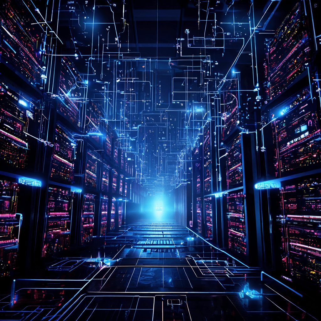 대규모 서버 팜이 치명적인 장애를 겪으며 시스템 아키텍처 다이어그램이 완전히 파손되고 과부하 경고등 이상의 혼란스러운 상황을 보여주는 이미지입니다.