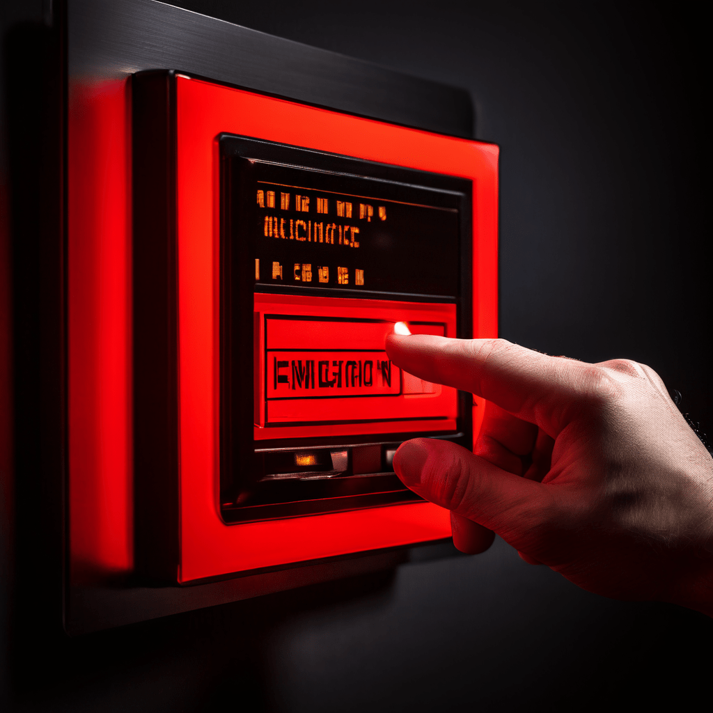 긴급 상황에서 신속한 대응의 중요성을 상징적으로 보여주며, 누군가가 빨간색으로 표기된 '즉각 조치' 버튼을 단호하게 누르는 장면을 묘사한 이미지입니다.