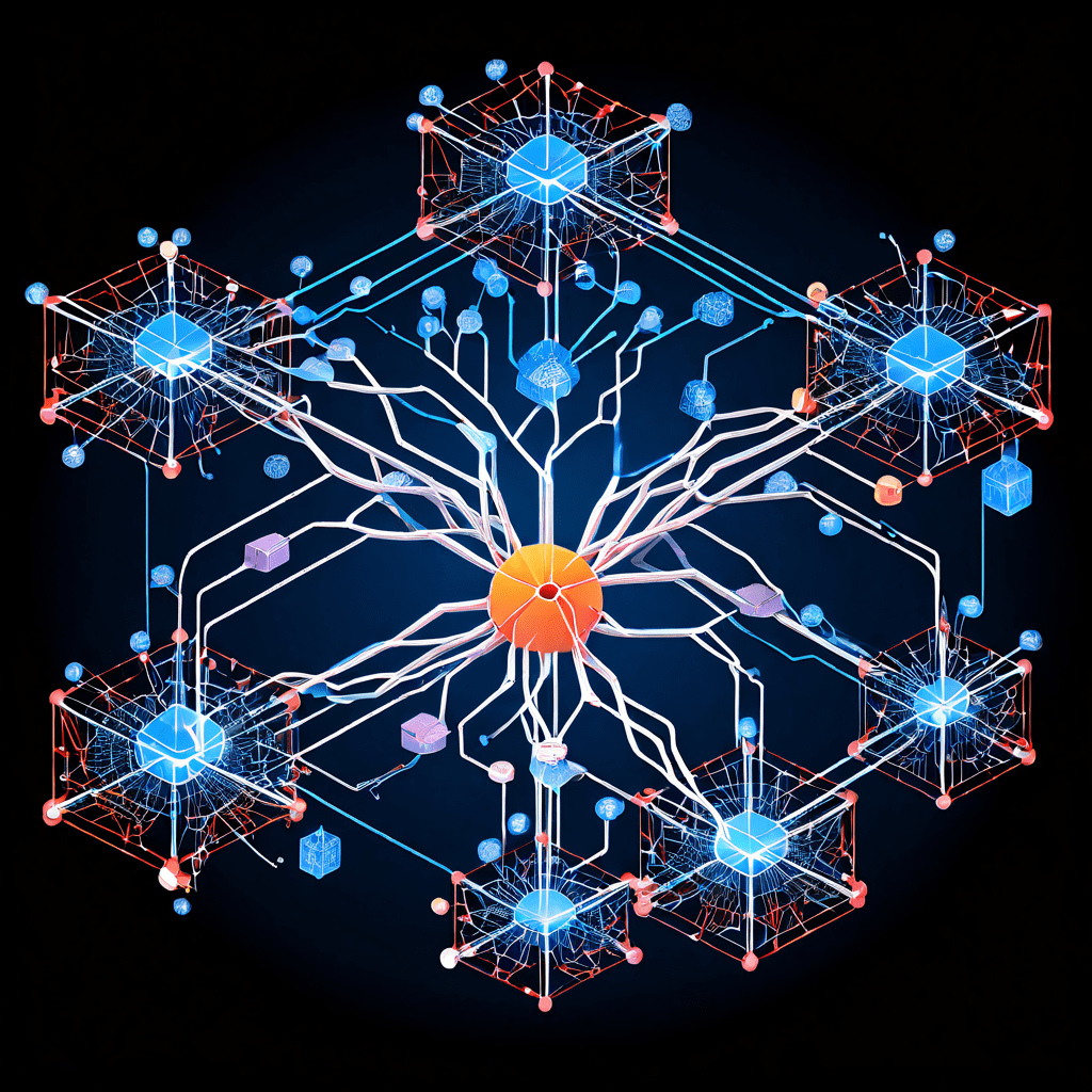 확장 가능한 경로와 모듈식 노드가 방사형으로 연결된 강력한 분기 네트워크 코어의 시스템 아키텍처를 상세히 설명하는 다이어그램입니다.