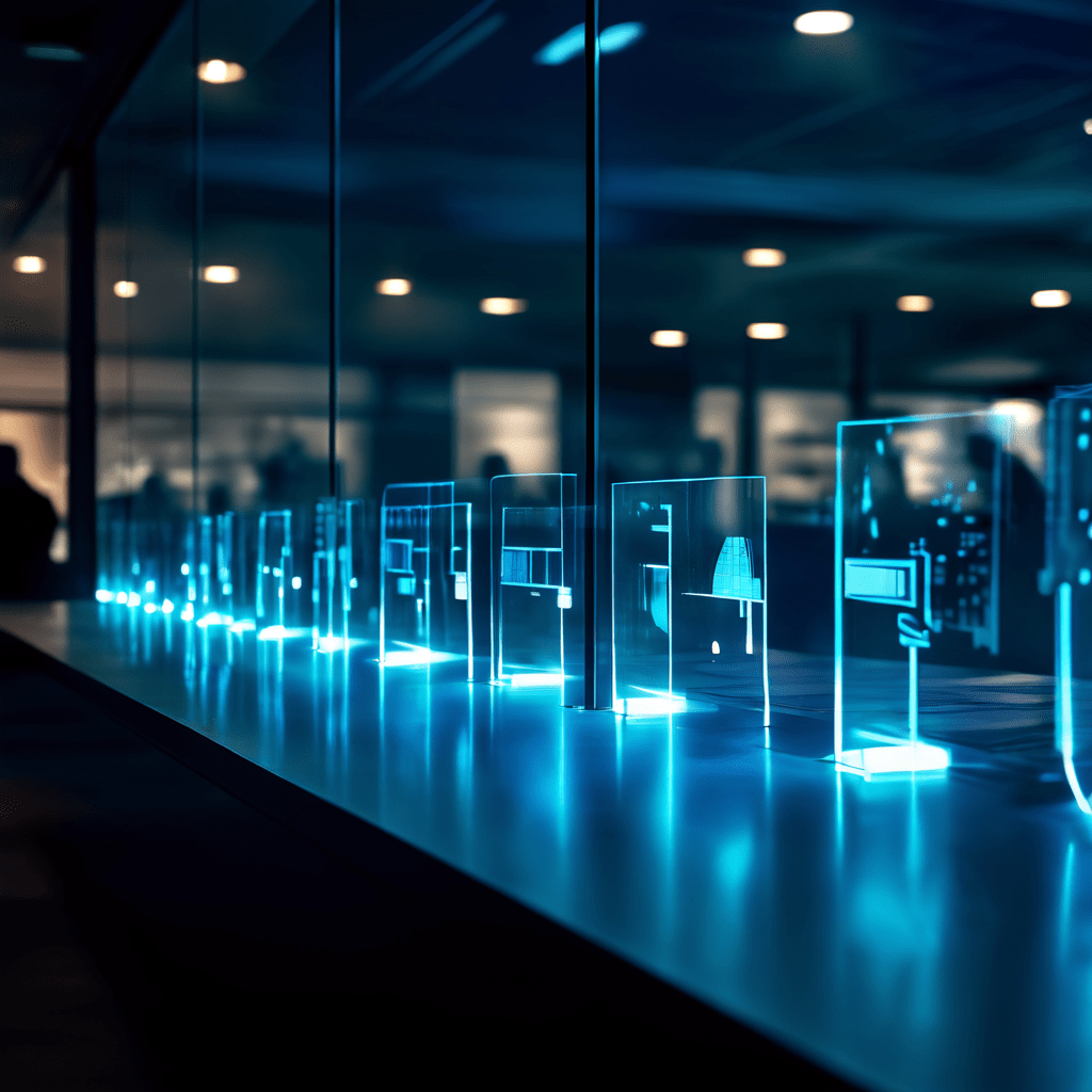 빛나는 디지털 뱅킹 시스템과 점점 희미해지는 불만 가득한 고객 실루엣 사이를 깨지기 쉬운 유리 장벽이 가로막고 있는 모습으로, 디지털 금융과 인간적 접점 사이의 괴리와 갈등을 상징적으로 표현한 이미지입니다.