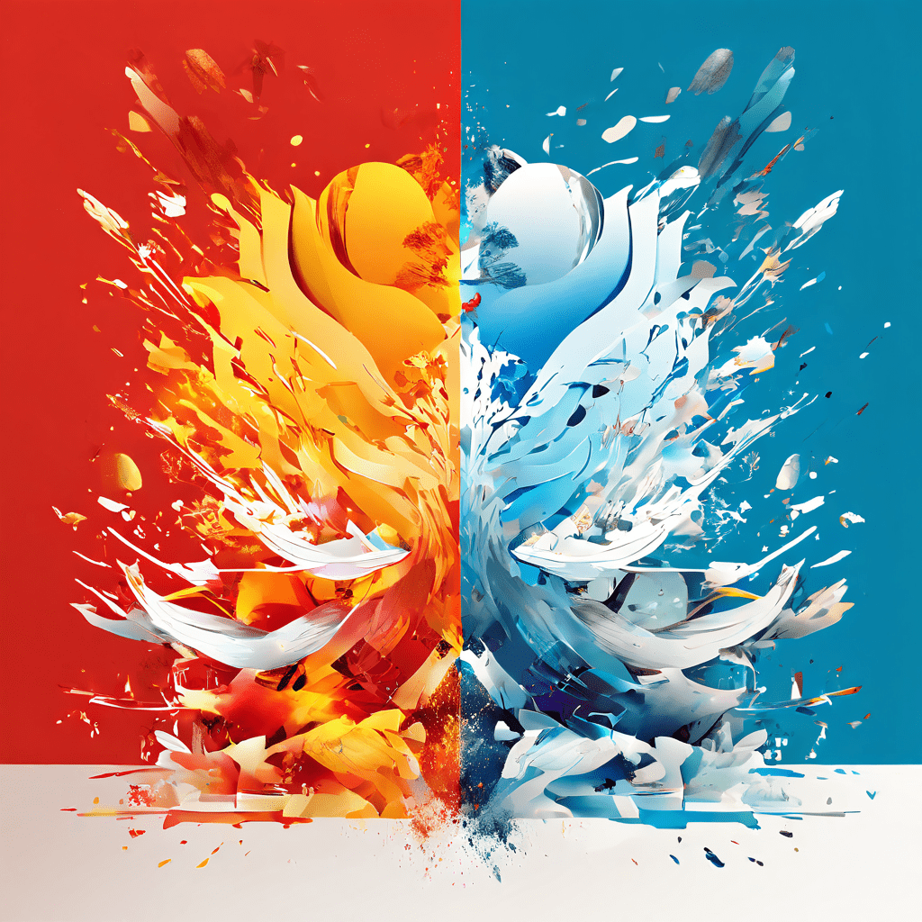 디지털 공간에서 테마 변경 시 충돌하는 두 가지 색상 팔레트와 디자인 요소가 융합되고 부딪히는 역동적인 시각적 변화를 표현한 콘셉트 이미지입니다.