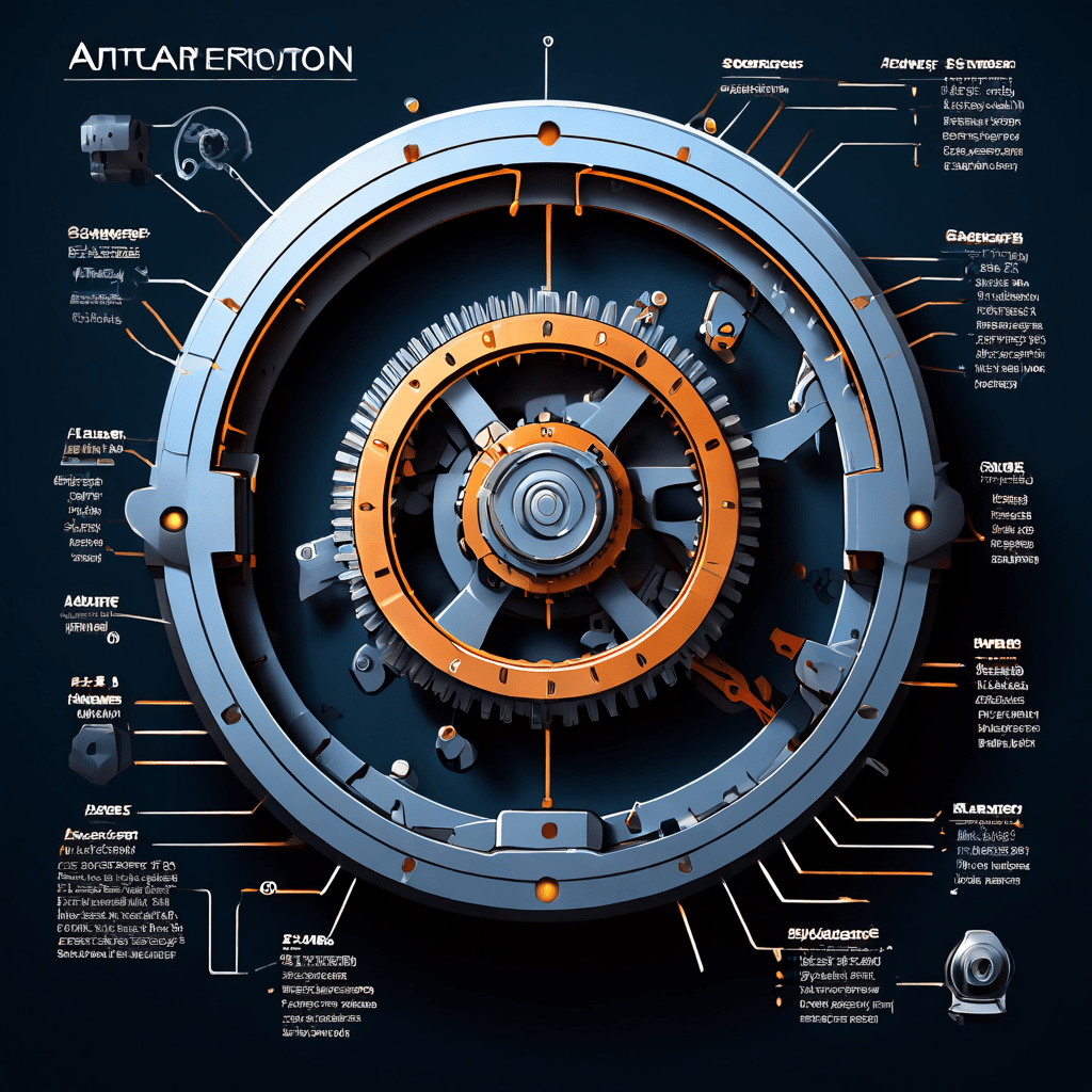 자동 회전 메커니즘의 작동 원리를 톱니바퀴, 설정이 가능한 제어판, 회전 순서를 나타내는 애니메이션 화살표를 통해 상세히 설명하는 다이어그램입니다.