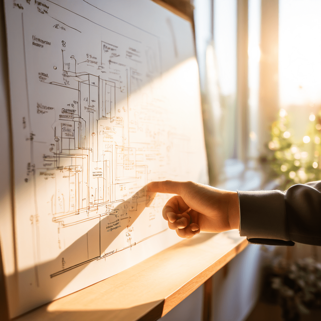 복잡한 개념을 명료하게 전달하는 교육 자료로, 따뜻한 조명 아래 손가락으로 간단한 다이어그램을 가리키며 이해를 돕는 설명 장면을 묘사한 이미지입니다.