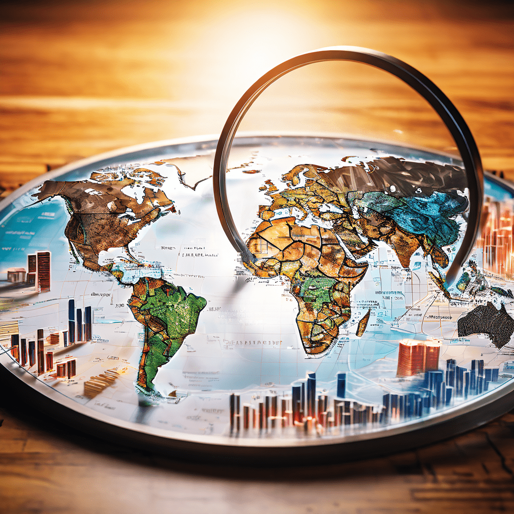 글로벌 금융 데이터 분석을 상징하는 세계 지도 위에 투명한 차트와 연결된 데이터 노드들이 빛나며, 확대경으로 실시간 정보 흐름을 검토하는 모습을 표현한 개념 이미지입니다.