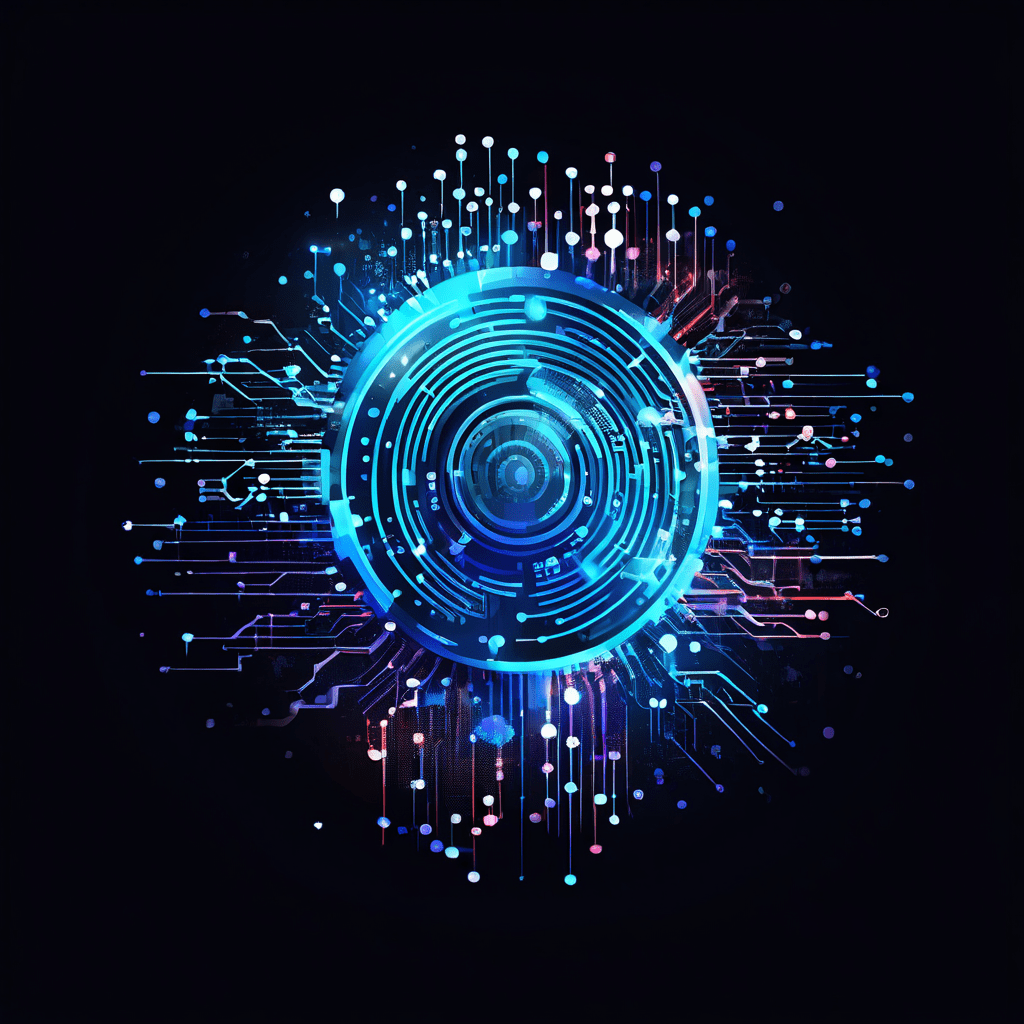 디지털 지문이 개인 맞춤형 기어와 추상적인 데이터 포인트 구름을 연결하며 개인정보와 데이터 분석의 연계성을 상징적으로 표현한 이미지입니다.