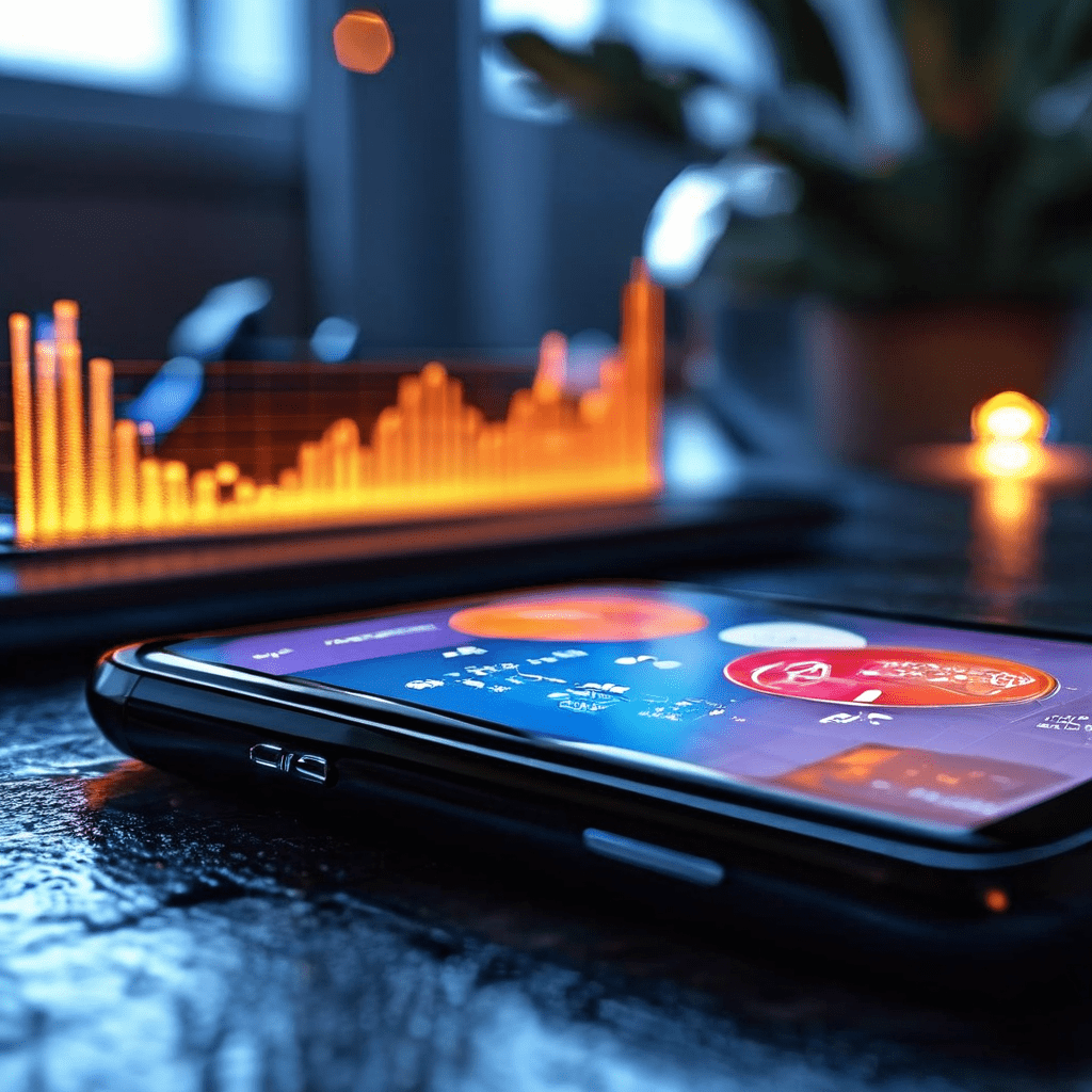 스포츠 앱 분석과 공정한 평가를 상징하는 돋보기 아래의 스마트폰 화면과 균형 저울, 진행률 표시줄이 함께 배치된 개념 이미지입니다.